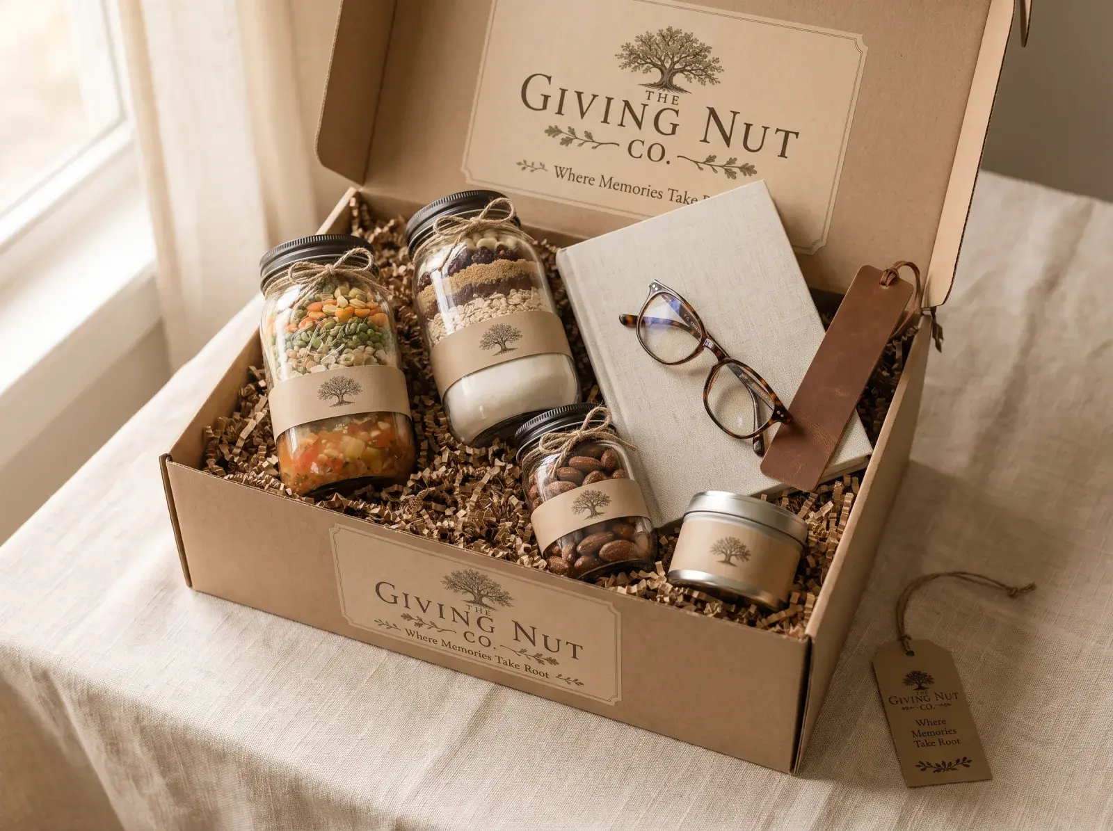 Between the Pages, open: three labelled jars with a book, a bookmark and reading glasses in a kraft gift box