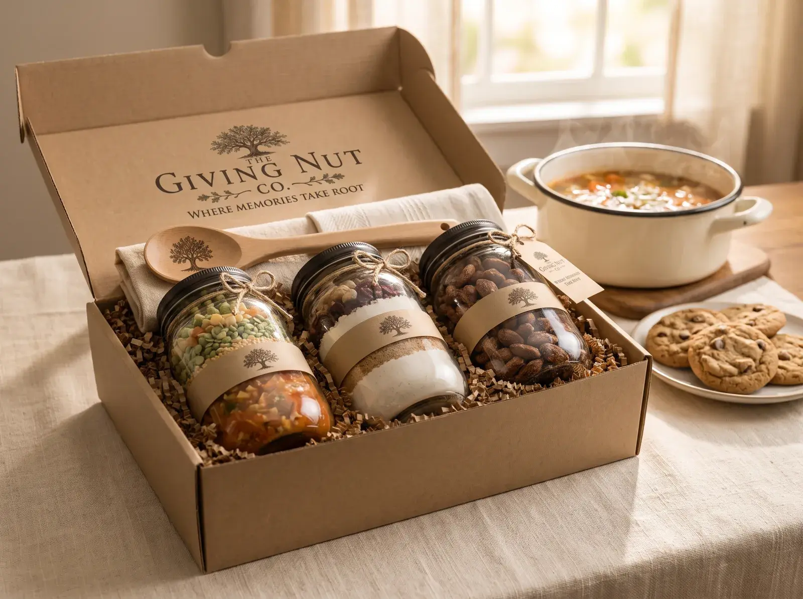 An open Giving Nut Co. gift box on a farmhouse kitchen table, with a pot of soup and a plate of cookies behind it