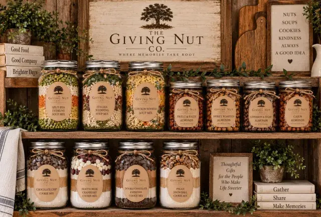 Giving Nut Co. jars on wooden shelves: soup mixes, spiced almonds and layered cookie mixes