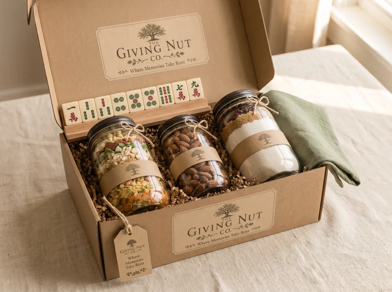 Mahjong, open: three labelled jars with mahjong tiles on a wooden rack in a kraft gift box